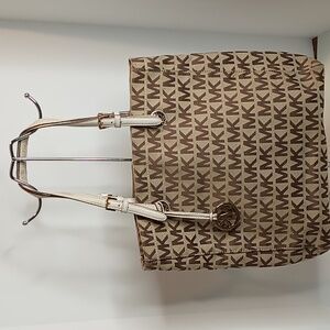 Michael Kors North/South Jacquard Shopper/Tote -Khaki & Brown Logo-Cream Straps